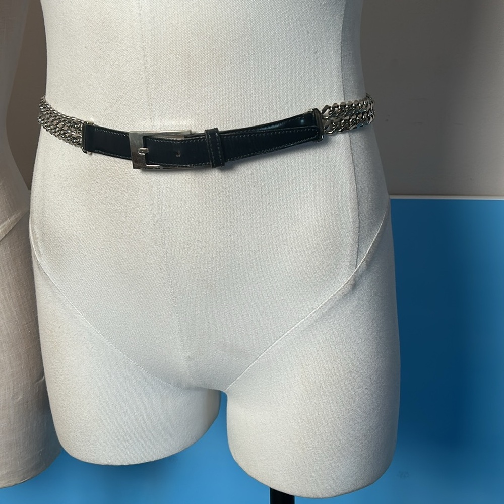 Calvin Klein Black and Silver Chain Belt Patent Leather Made in Italy size M